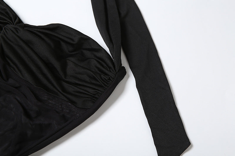 Women Halter Neck Lace Solid Mesh See-Through Sexy Ribbon Maxi Dress 10