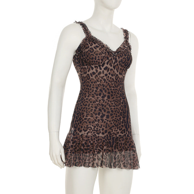 Women's summer mesh leopard print sexy v-neck Slim Waist ruffled strap short dress 8