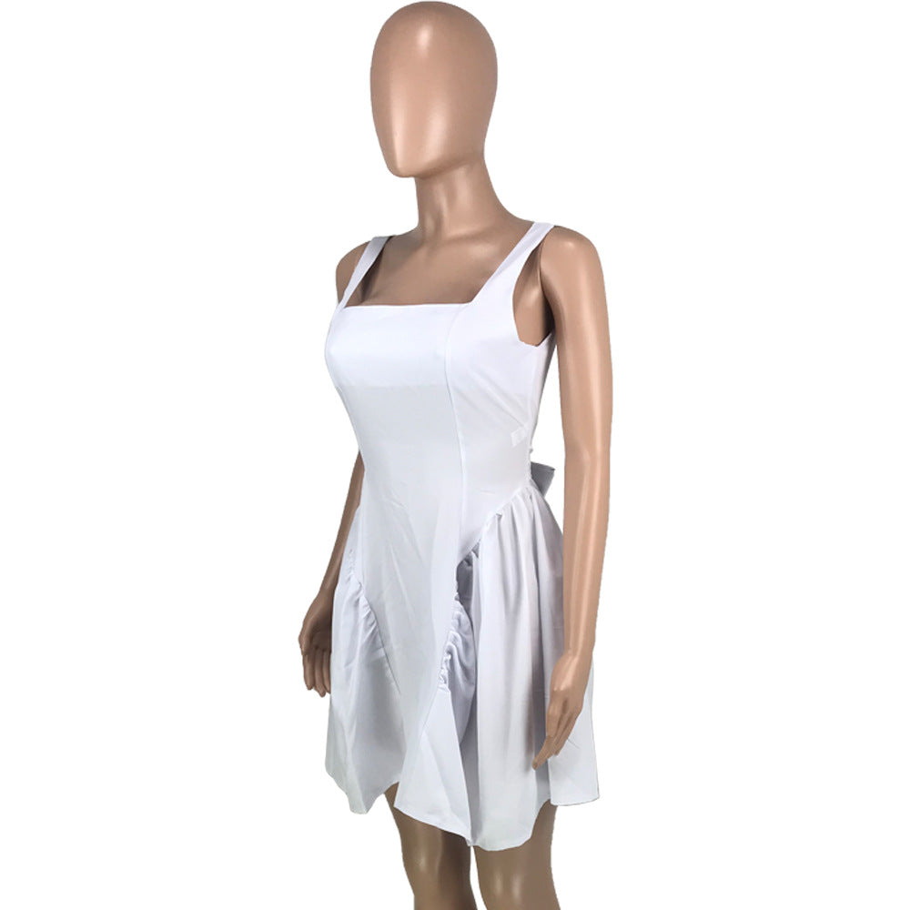 Women's Solid Color Low Back Zip Tie Pleated Casual Fashion Sexy Loose Strap Dress 13