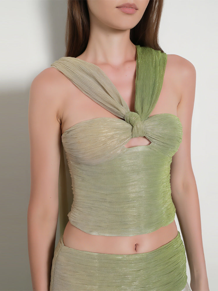 Women Summer Gradient Halter Neck Suspender Top and Skirt Two-Piece Set 14