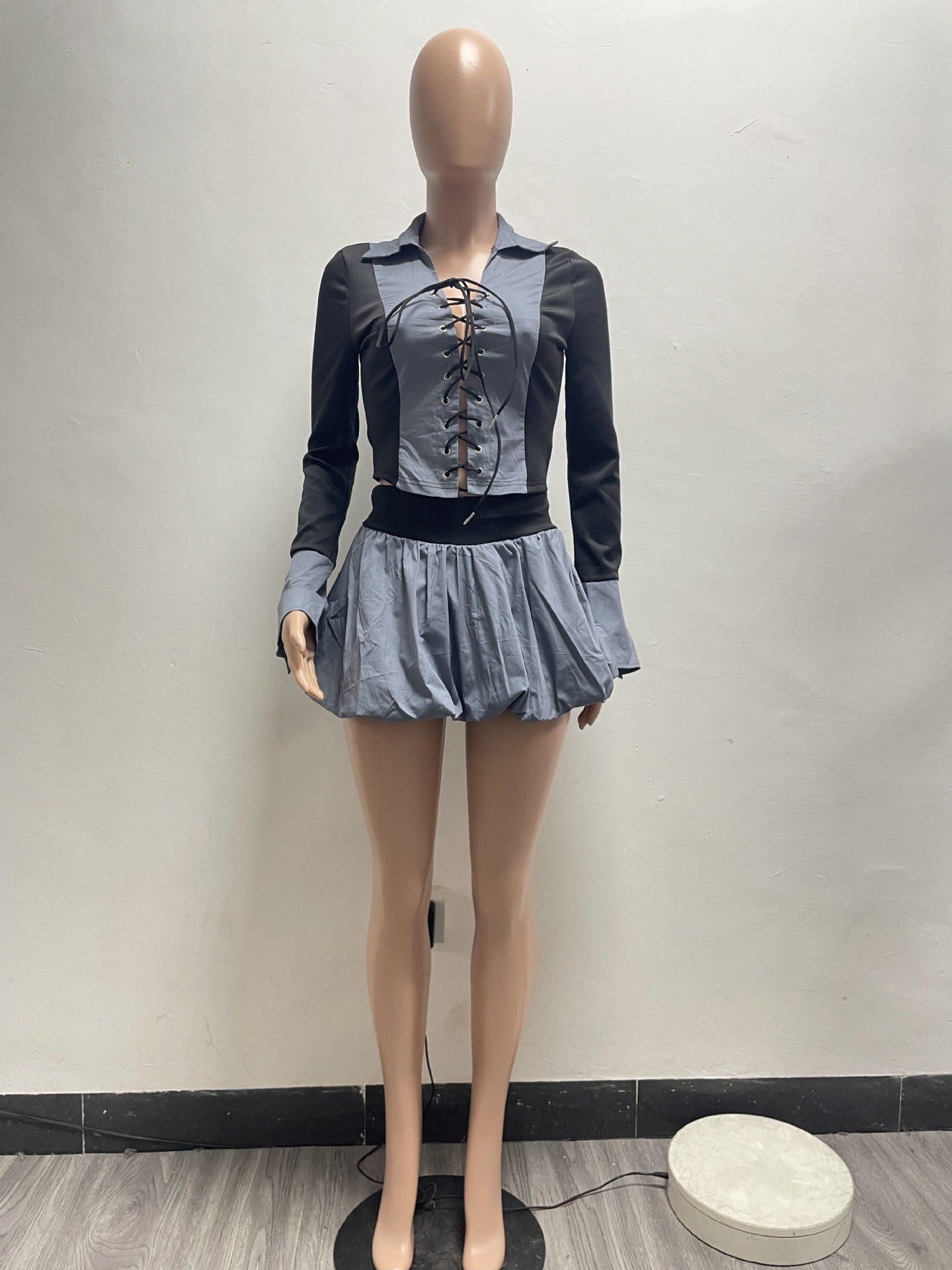 Women Sexy Lace-Up Contrast Long Sleeve Top and Puffy Skirt Set Underwear 12