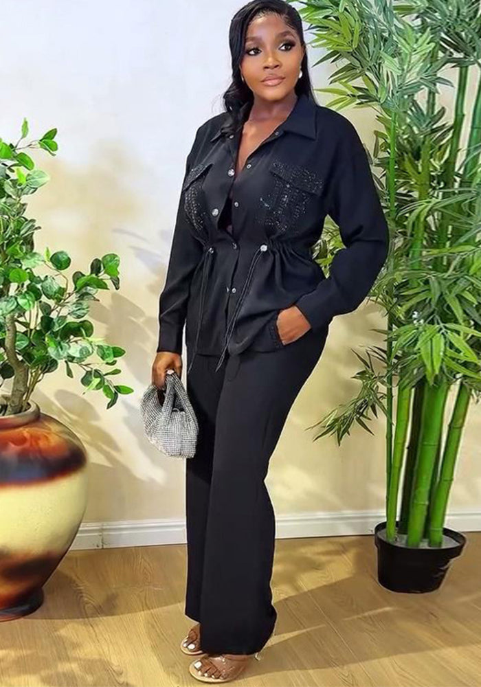 Spring Women's Suit Slim Waist Shirt Trousers Black Two-Piece Set