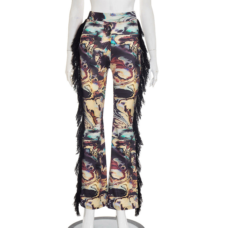 Women Autumn/Winter Multi-Color Printed Fringed Patchwork Pants 7