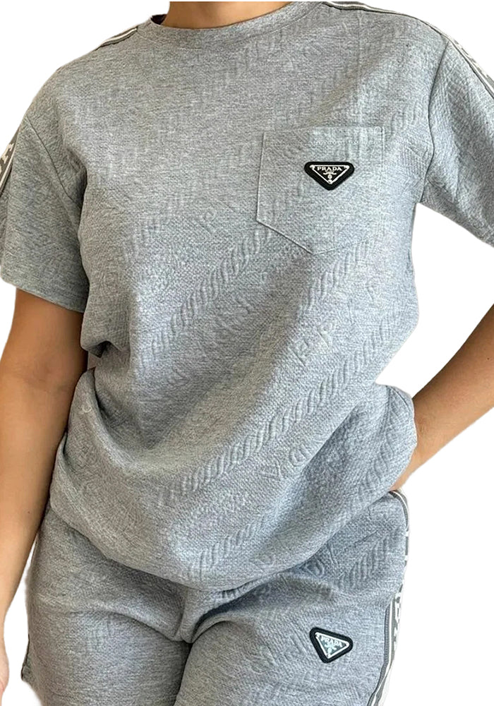 Women embossed short sleeve Top and shorts two-piece set