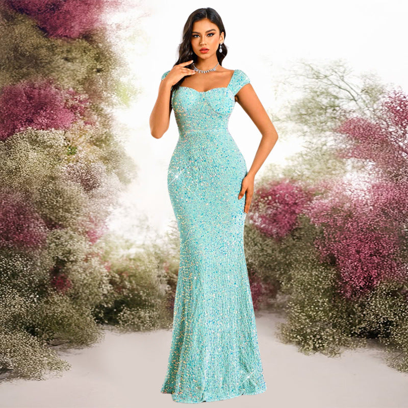 Women solid V-neck sequined halter evening dress mermaid dress 16
