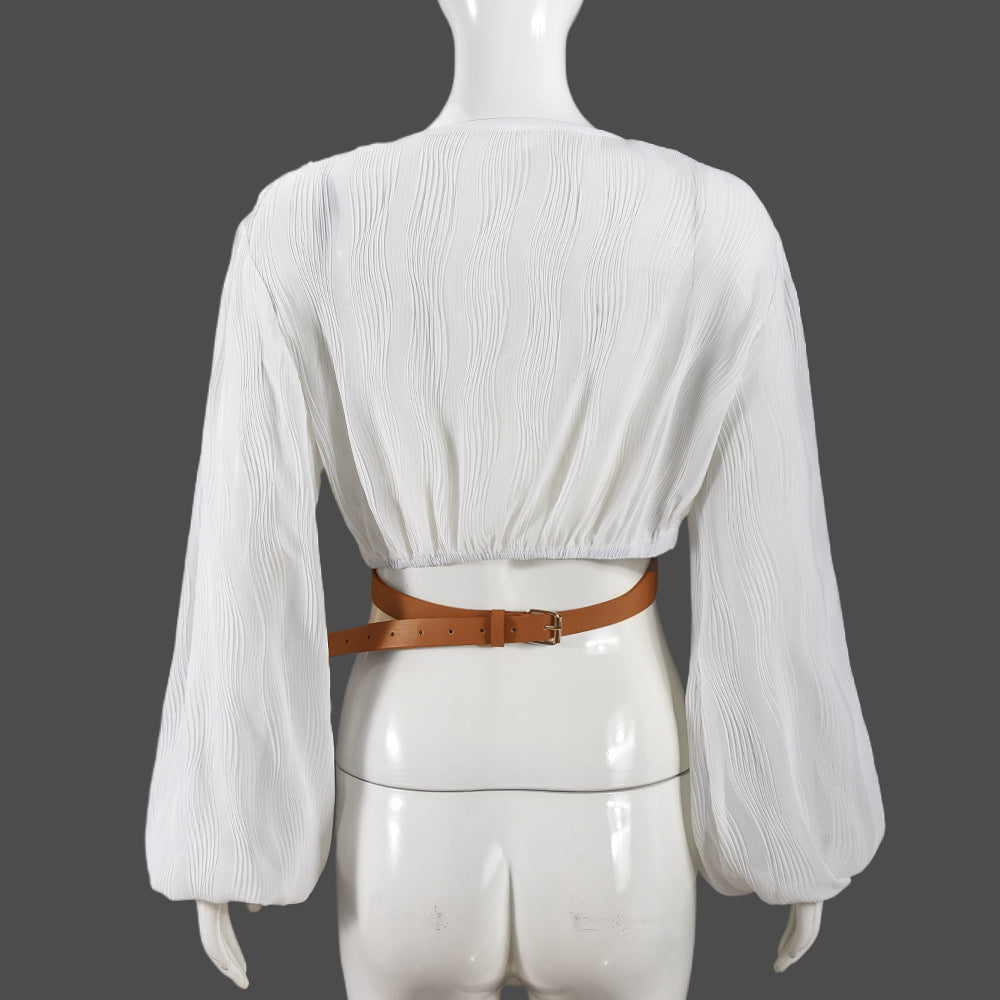 Autumn Thin Top Belt Adjustable Waist Lantern Sleeve Blouse 7