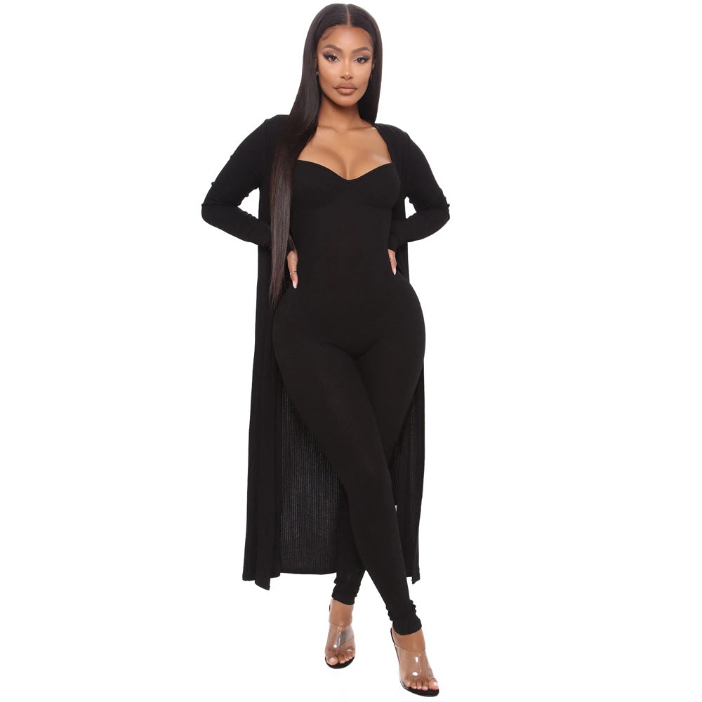 Fall Women'S Fashion Straps Jumpsuit + Casual Fall Loose Long Sleeves Cardigan 7