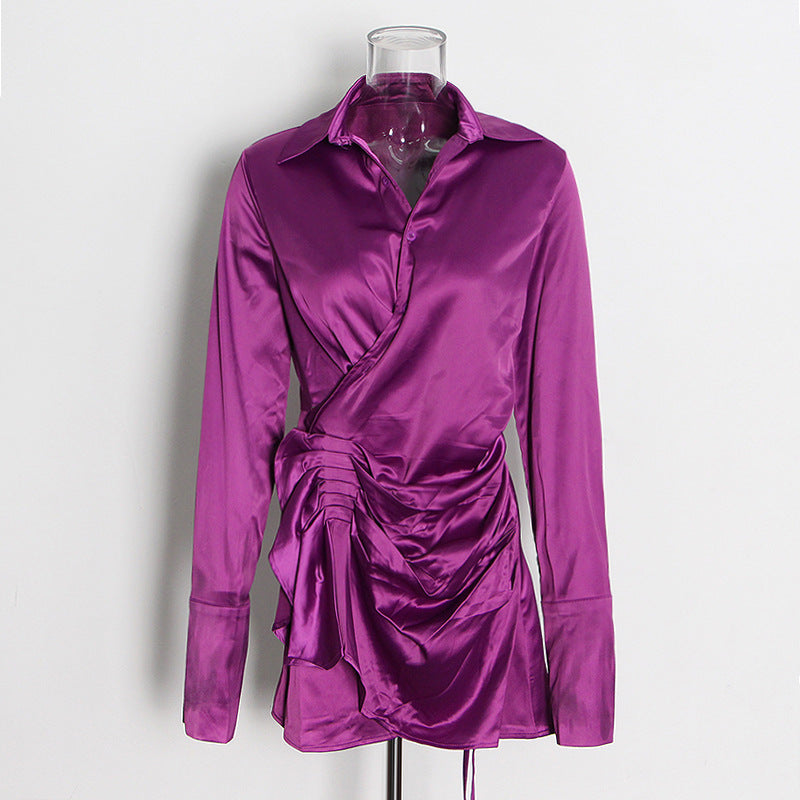 Women Sexy Satin Pleated Design Solid Dress