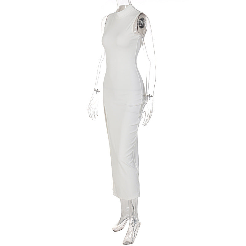 Women Round Neck Sleeveless Slit Midi Skirt 10