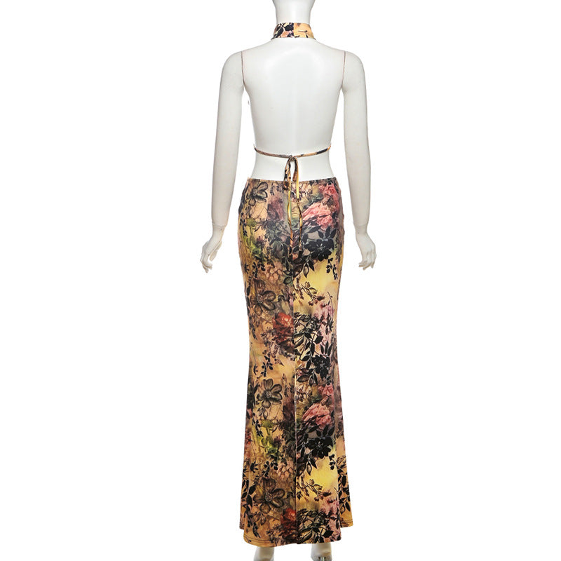 Women Sexy Backless Halter Neck Top Bodycon Skirt Two-piece Set 5