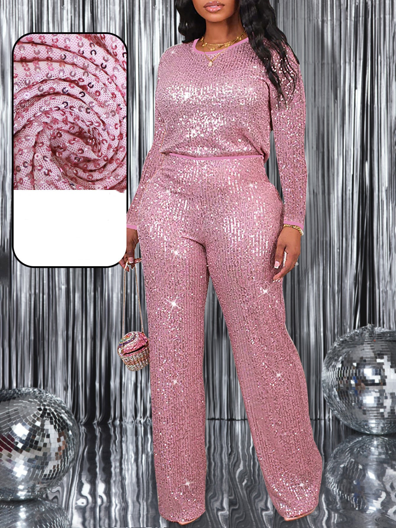 Autumn Women's Fashion Elegant Short Sleeve Round Neck Sequin Party Wear Casual Two Piece Pants Set 5