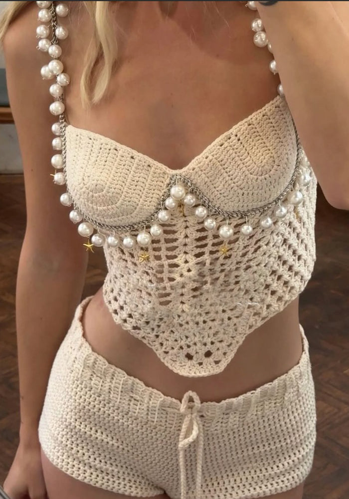 Spring/Summer Sexy Solid Color Crop Strap Beaded Top