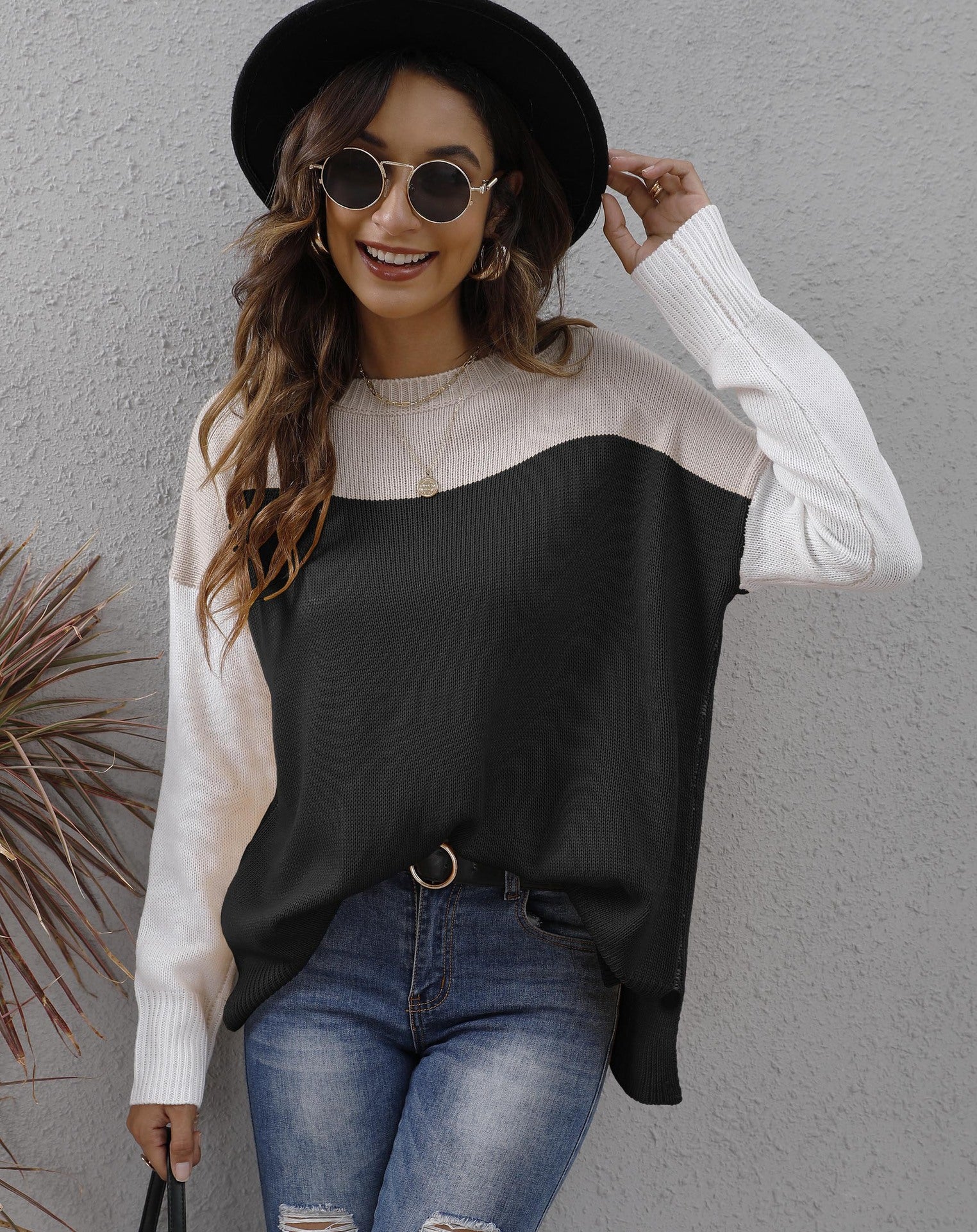 Women Patchwork Loose Colorblock Casual Sweater 5