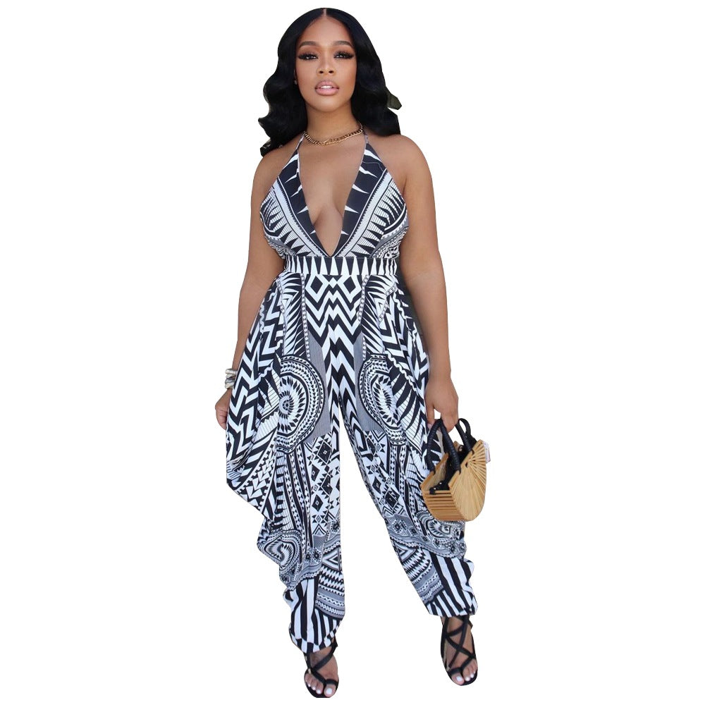 Women's Fashion Sexy Low Cut V-Neck Suspenders Positioning Print Jumpsuit 6