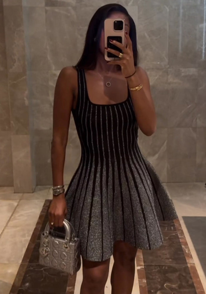 Chic Elegant Stripes Slim Waist Strap Knitting A-line Short Dress for Women