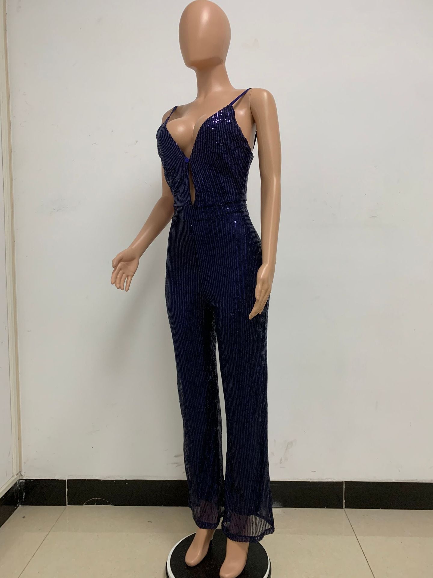 Deep V Neck Low Back Sleeveless Chic Sequined Straps Elegant Women's Party Jumpsuit 93