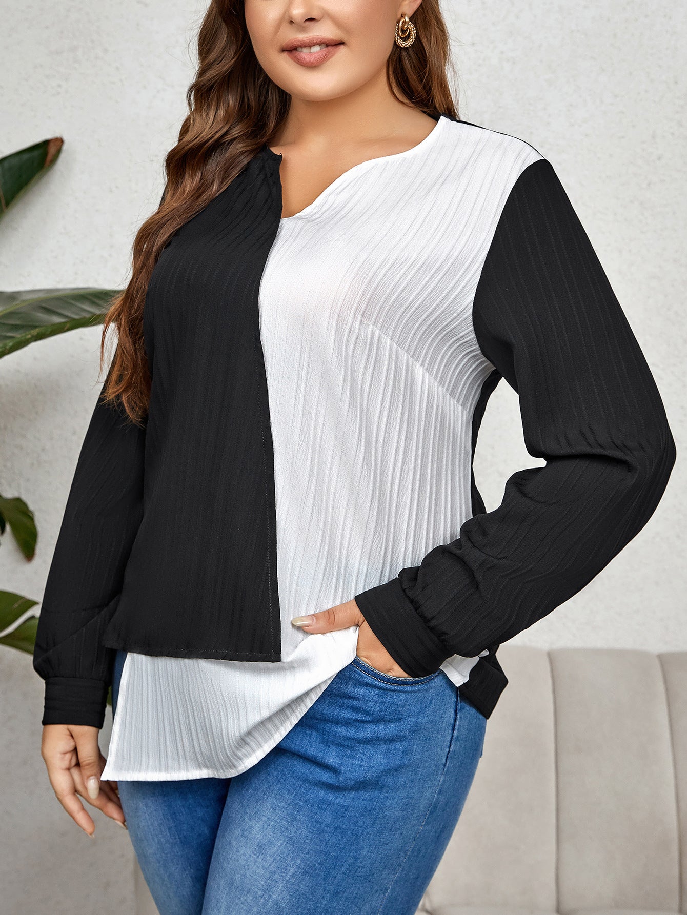 Plus Size Women Color Block Irregular Long Sleeve Shirt 4