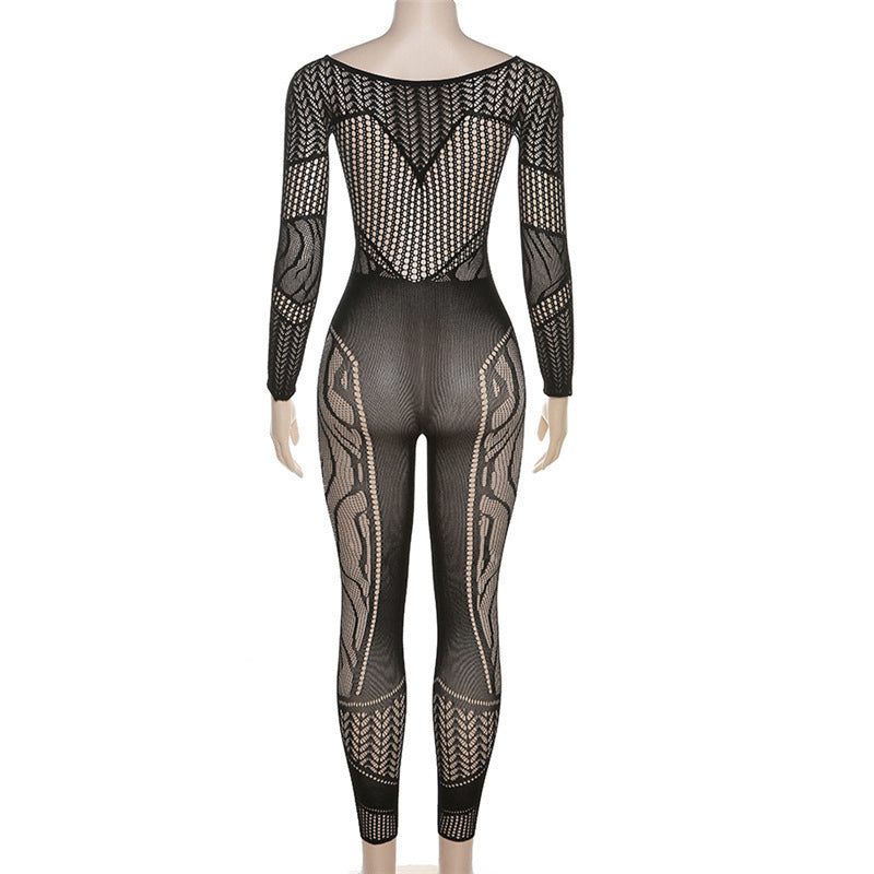 Spring Solid Round Neck Long Sleeve Sexy See-Through Mesh Jumpsuit 10