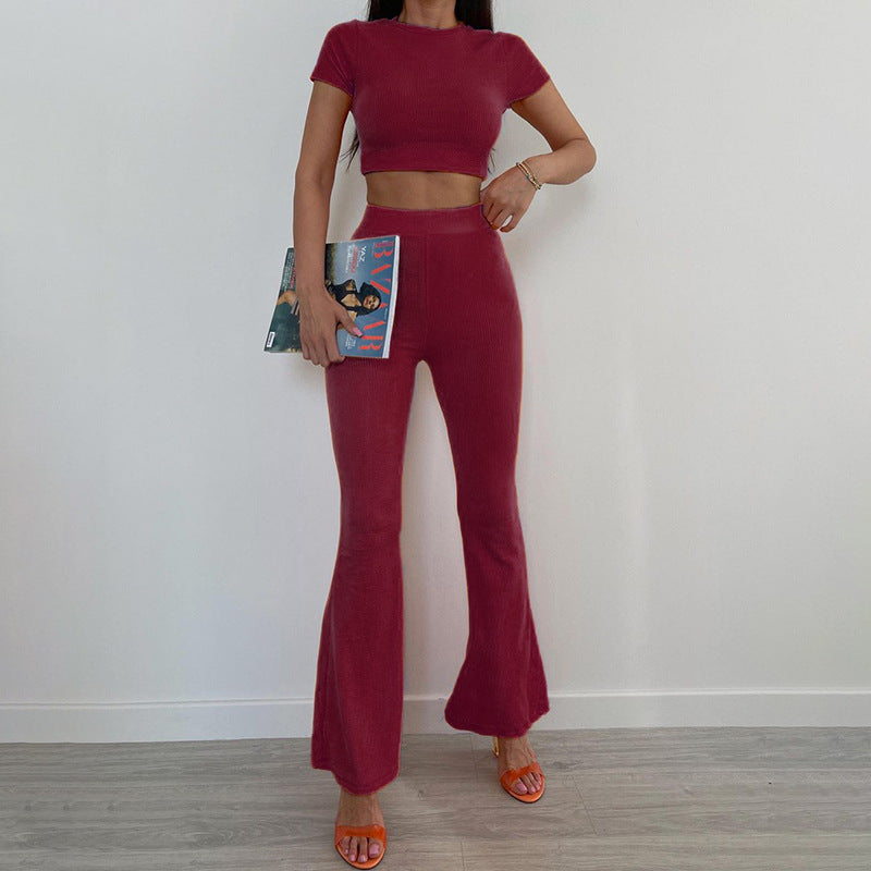 Autumn Women's Fashion Chic Casual Solid Color Short Sleeve Top Pants Set 3