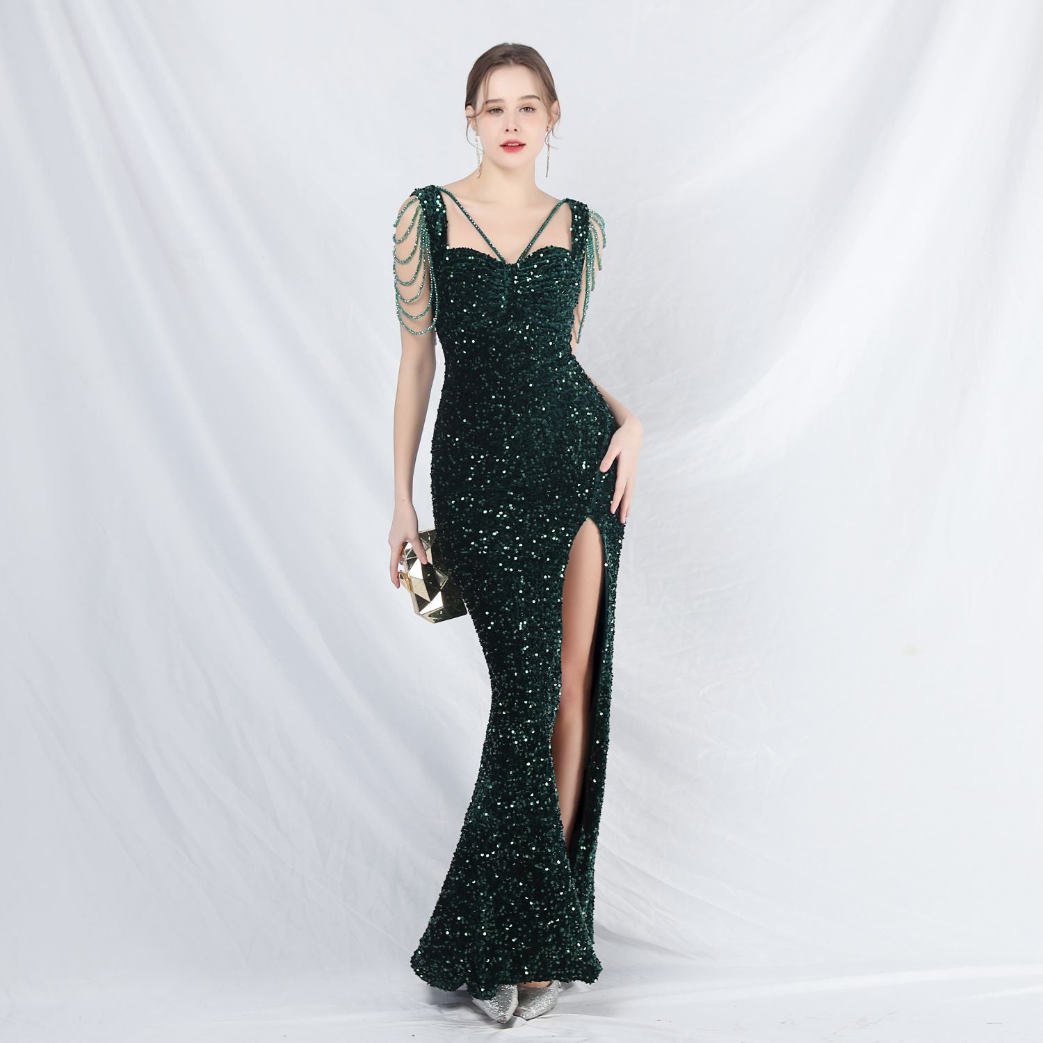 Celebrity Formal Occasion Velvet Beaded Long Evening Dress 11