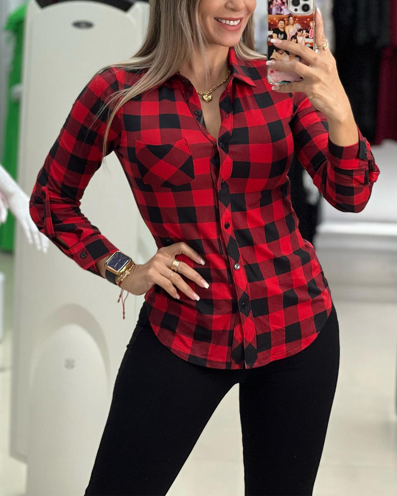 Women's Long-Sleeve Red Plaid Shirt 4