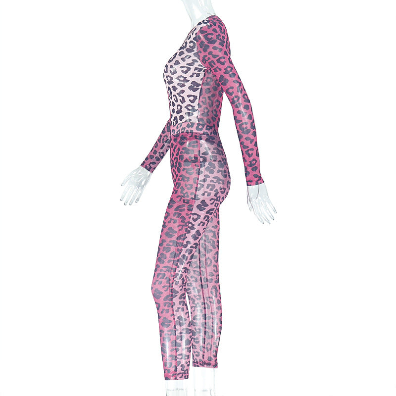 Sexy Slightly Transparent Leopard Print Round Neck Tight-Fitting Trendy Pants Set Elastic Two-Piece Set 4