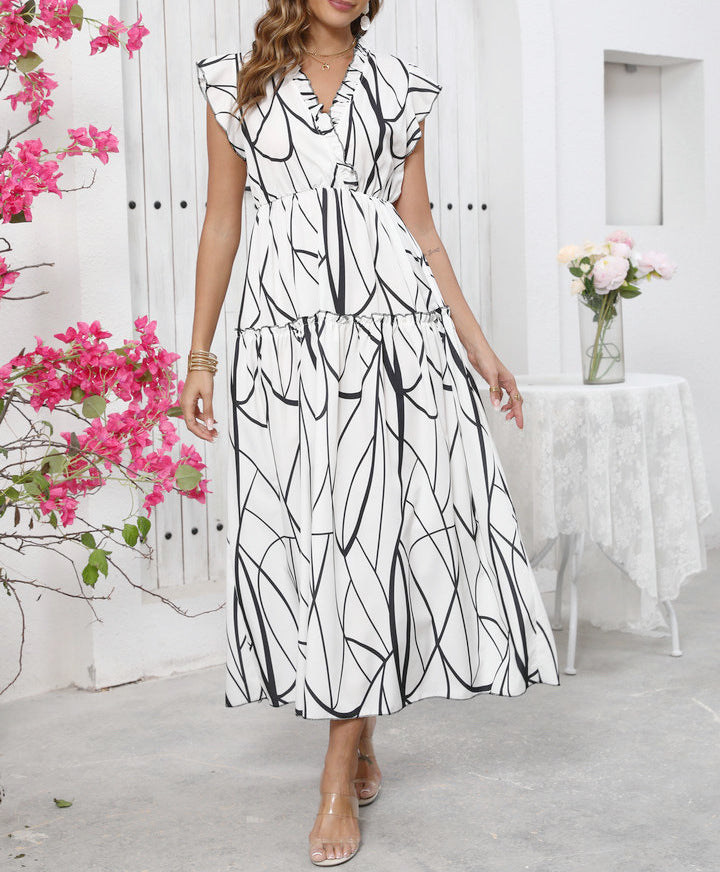 Fashion Flutter Sleeve Summer Print Ruffle Edge V-Neck Slim Waist Long Dress
