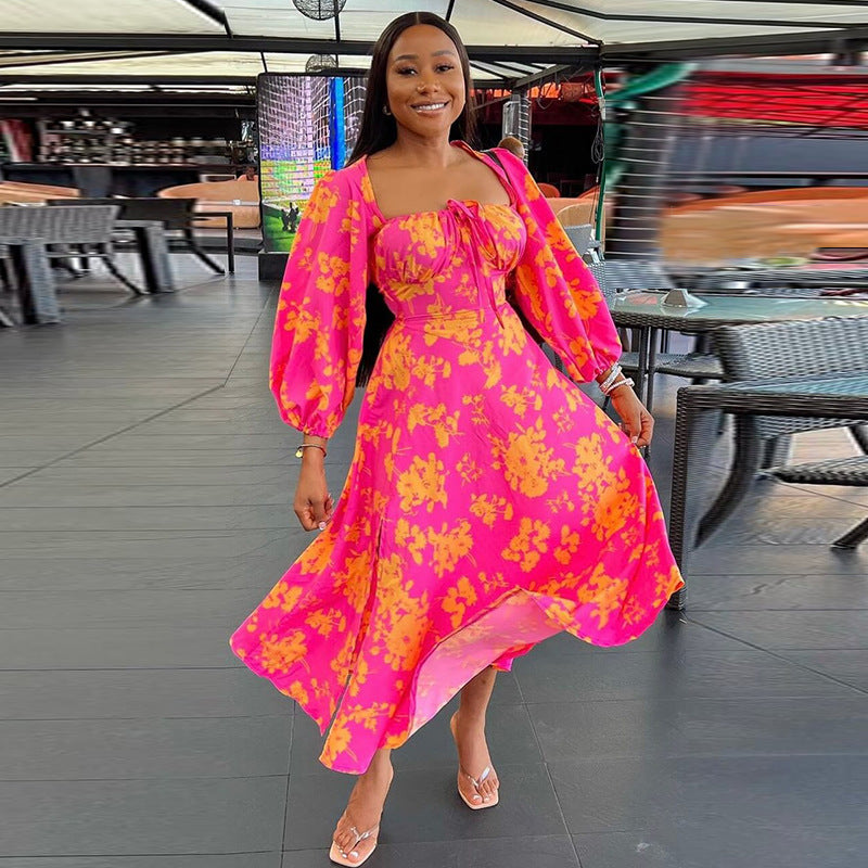 Women spring square neck tie slit long sleeve dress 5