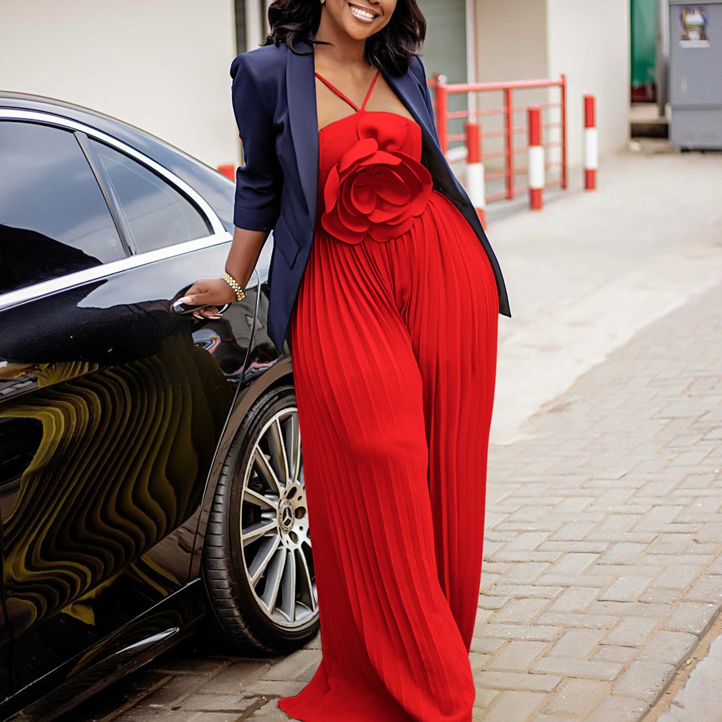 Women's Fashion Sexy Strap Flower Solid Color Pleated Jumpsuit 4