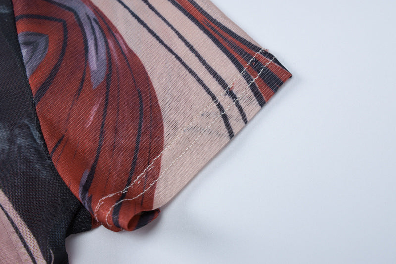 Women's Winter Fashion Sexy Printed Slim Slit Round Neck Short Sleeve Dress 13