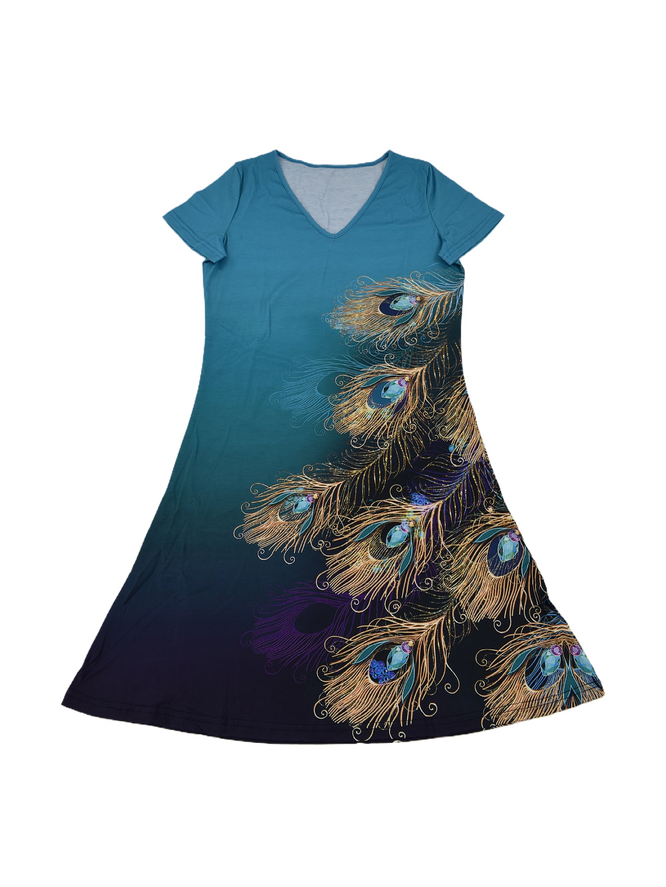 Peacock Feathers Print V-Neck Short Sleeve Casual Dress 4