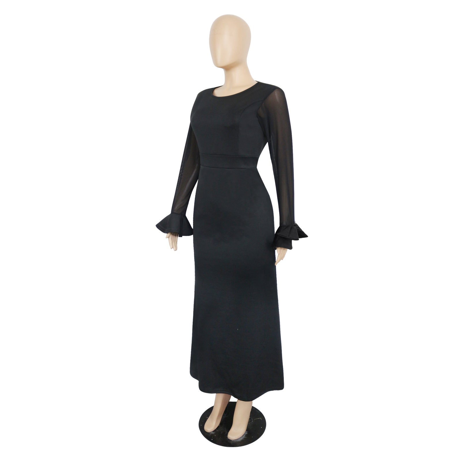 Women's Round Neck Long Sleeve Mesh Patchwork Maxi Dress Solid Plus Size Dress 19