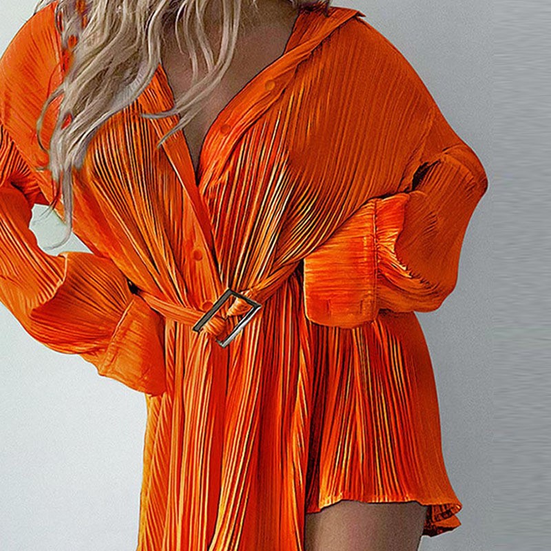 Women Pleated Long Sleeve Belted Shirt Dress 14