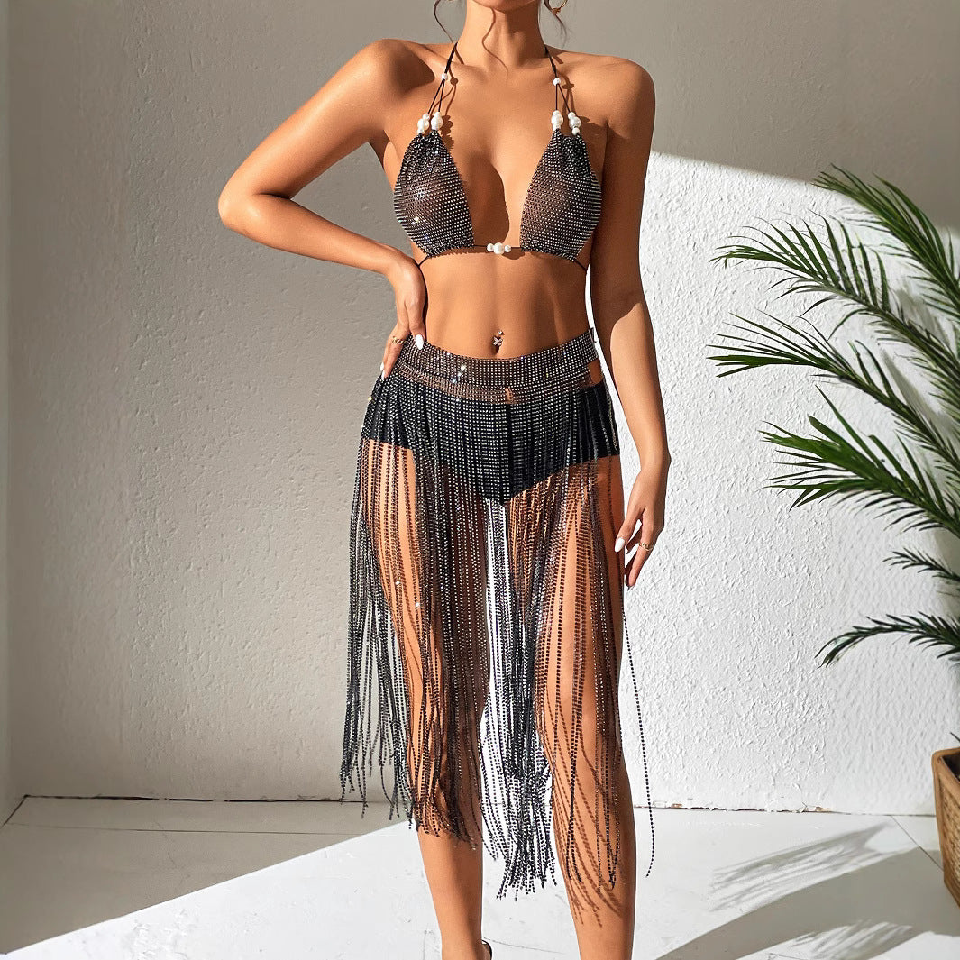 Strap Low Back Nightclub Sexy Fishnet Skirt Set 5