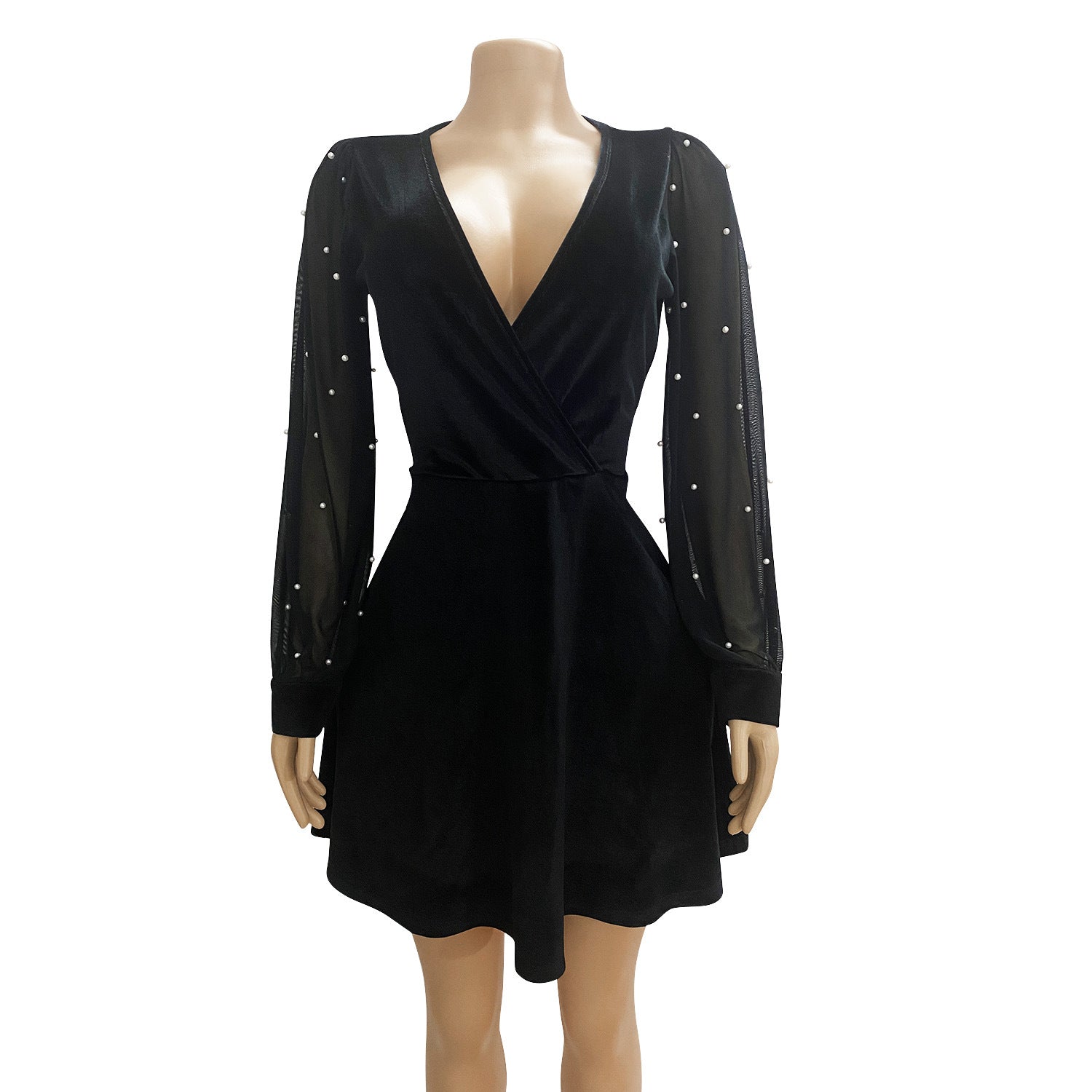 Women autumn and winter sexy v-neck velvet chiffon patchwork long sleeve dress 4