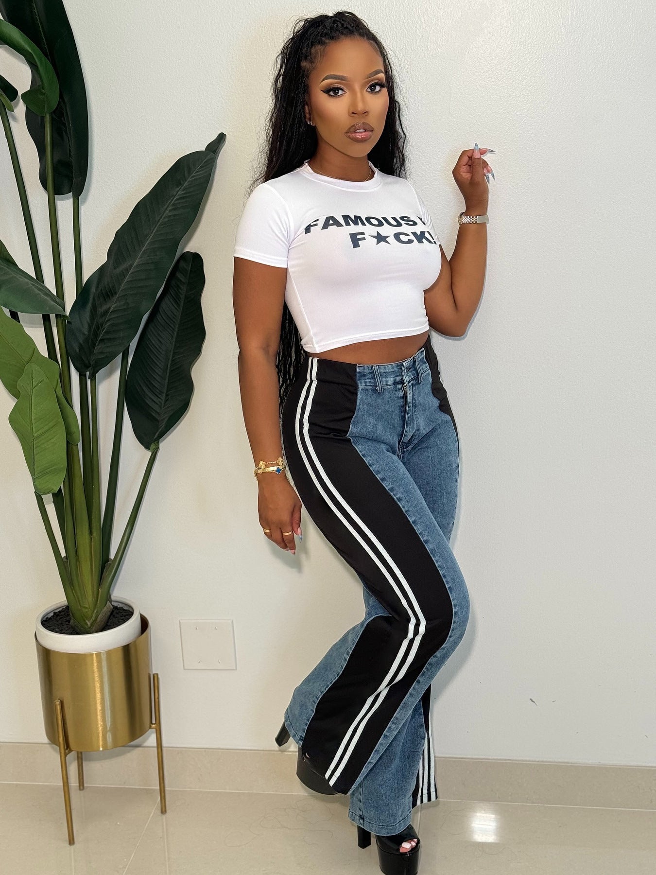 Fashion Patchwork Striped Wide-Leg Denim Trousers Women's Casual High Waist Straight Pants 9