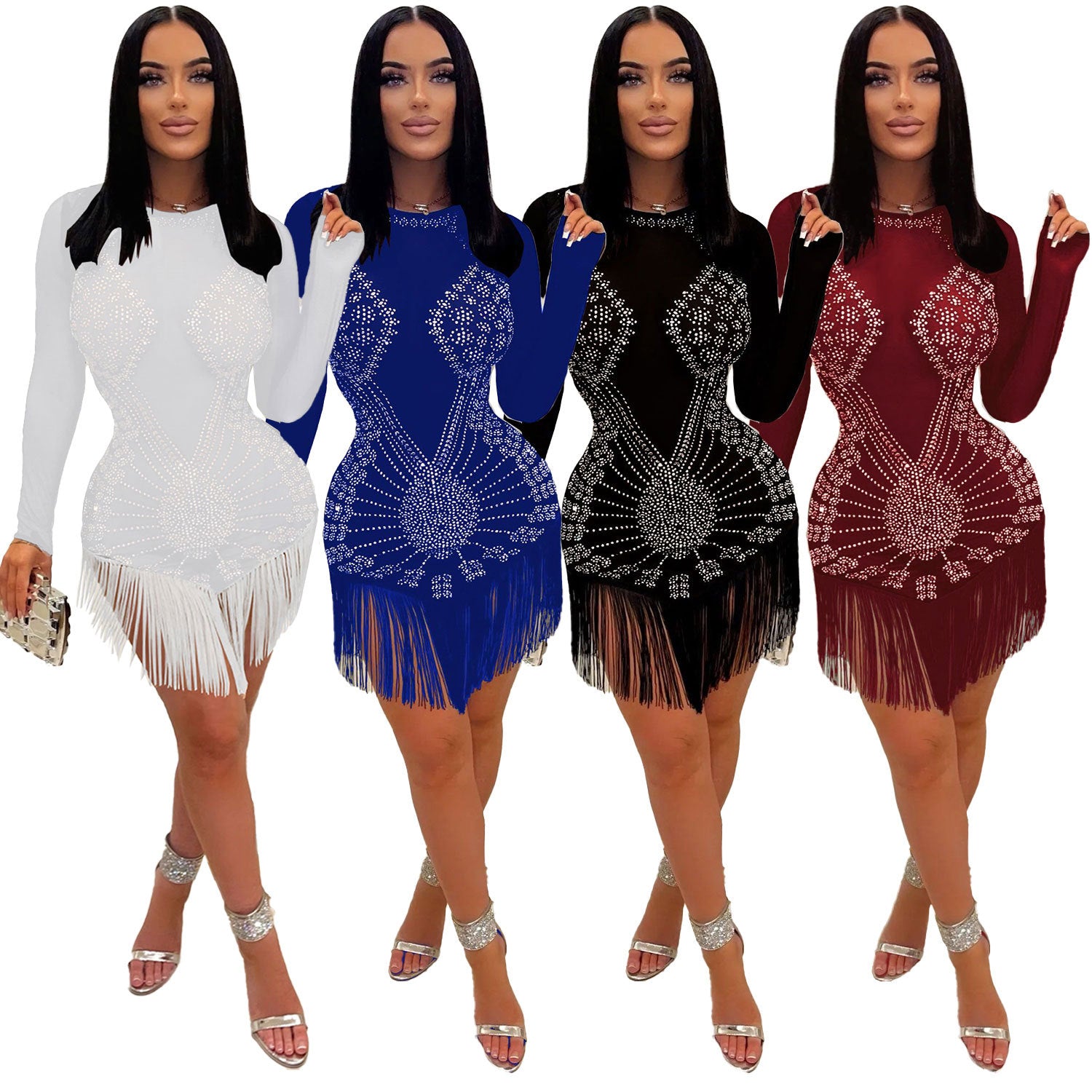 Women Sexy Long Sleeve Rhinestone Fringe Bodycon Dress