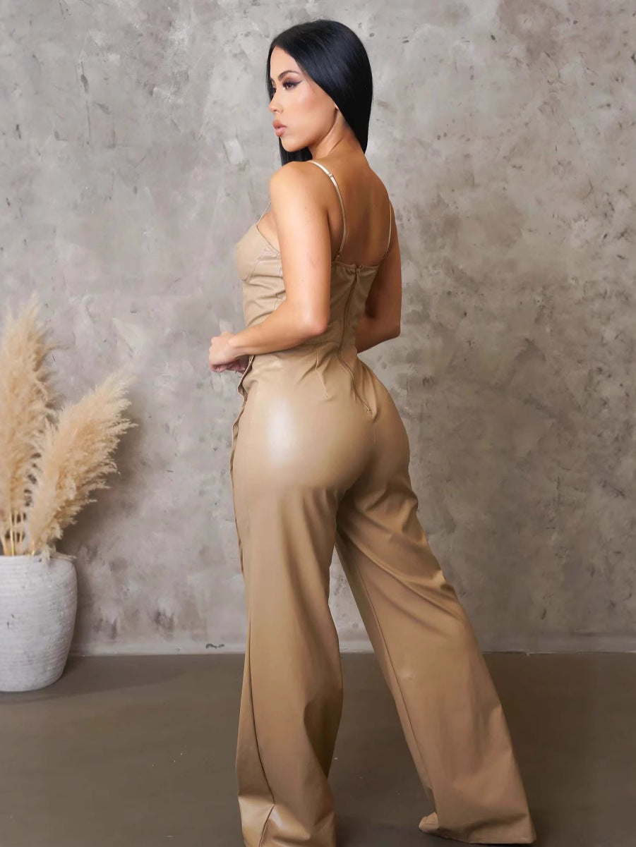 Women's PU Leather Strap Sleeveless Wide-Leg Jumpsuit 6