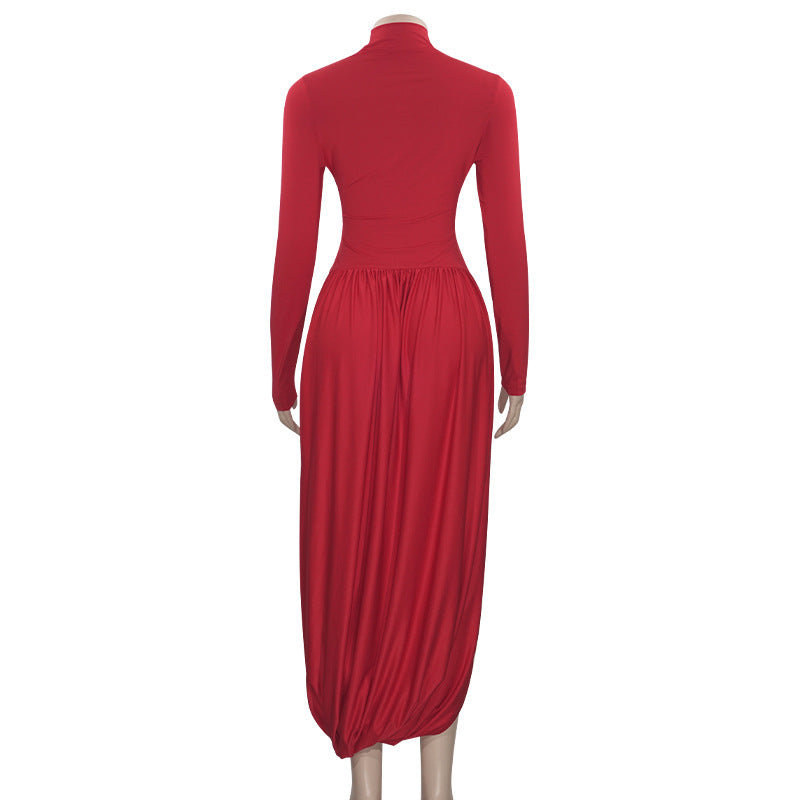 Autumn Solid Color High Neck Long Sleeve Slim Slit Pleated Long Dress 5