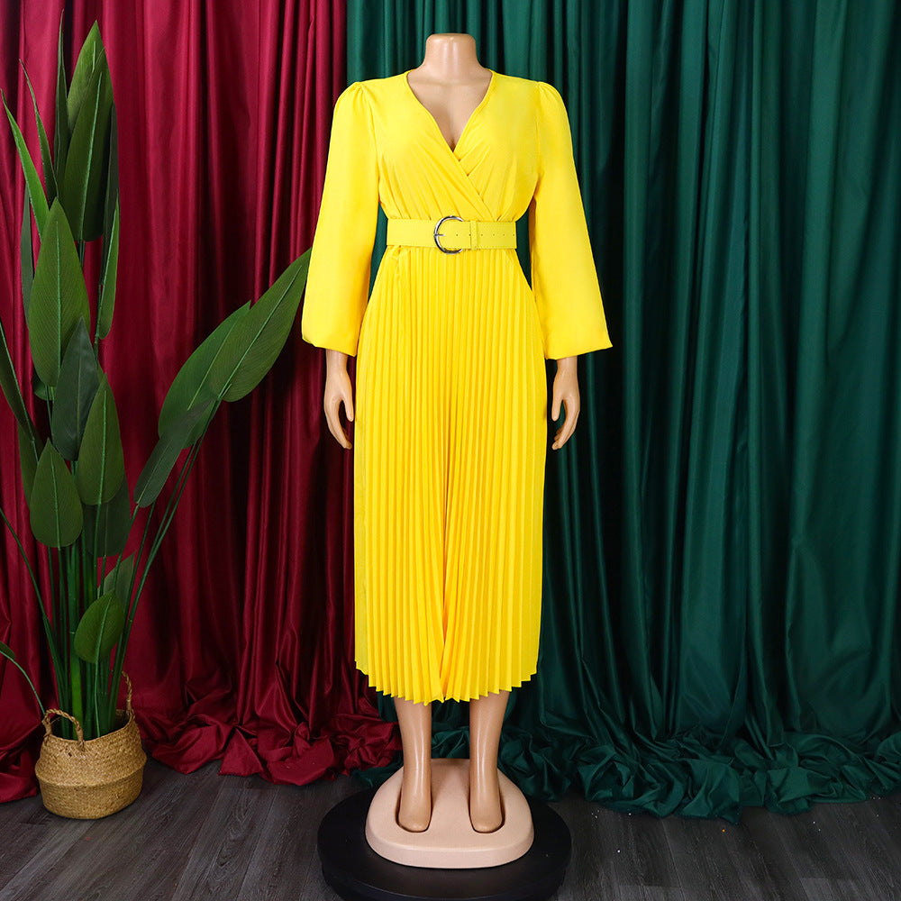 Plus Size Women Long Sleeve V-Neck Pleated Maxi Dress 18