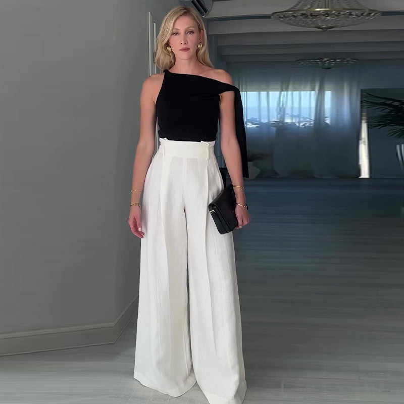 Women summer Solid Slash Shoulder Top and wide-leg pants Casual two-piece set 3