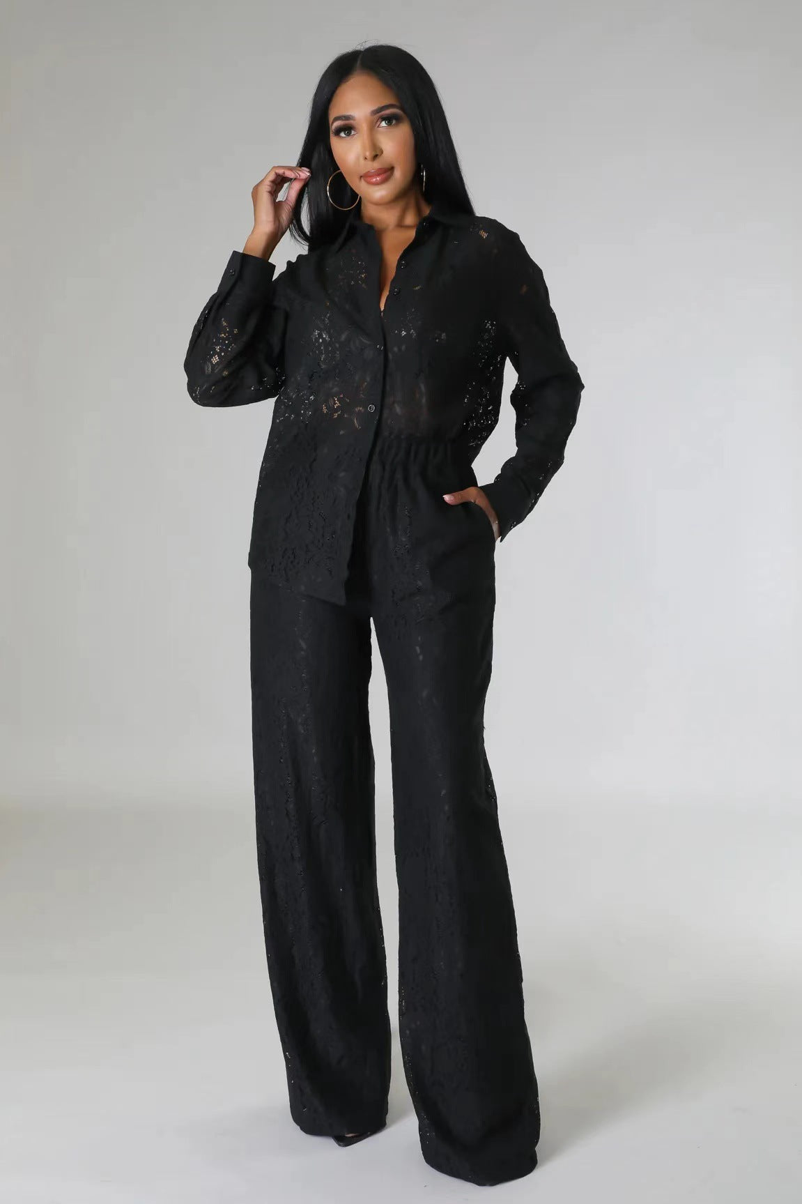 Women's Fashion Casual Autumn Winter Solid Color Long Sleeve Lace Shirt Pants Two Piece Set