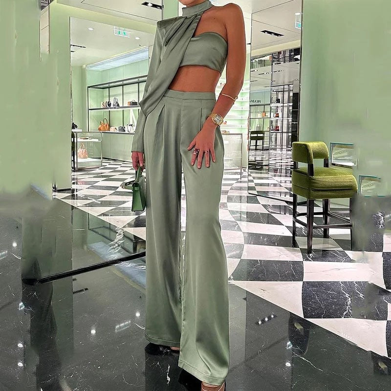 Women Elegant Halter Neck Slash Shoulder Strapless Sexy Crop Top and Wide Leg Pants Two-piece Set