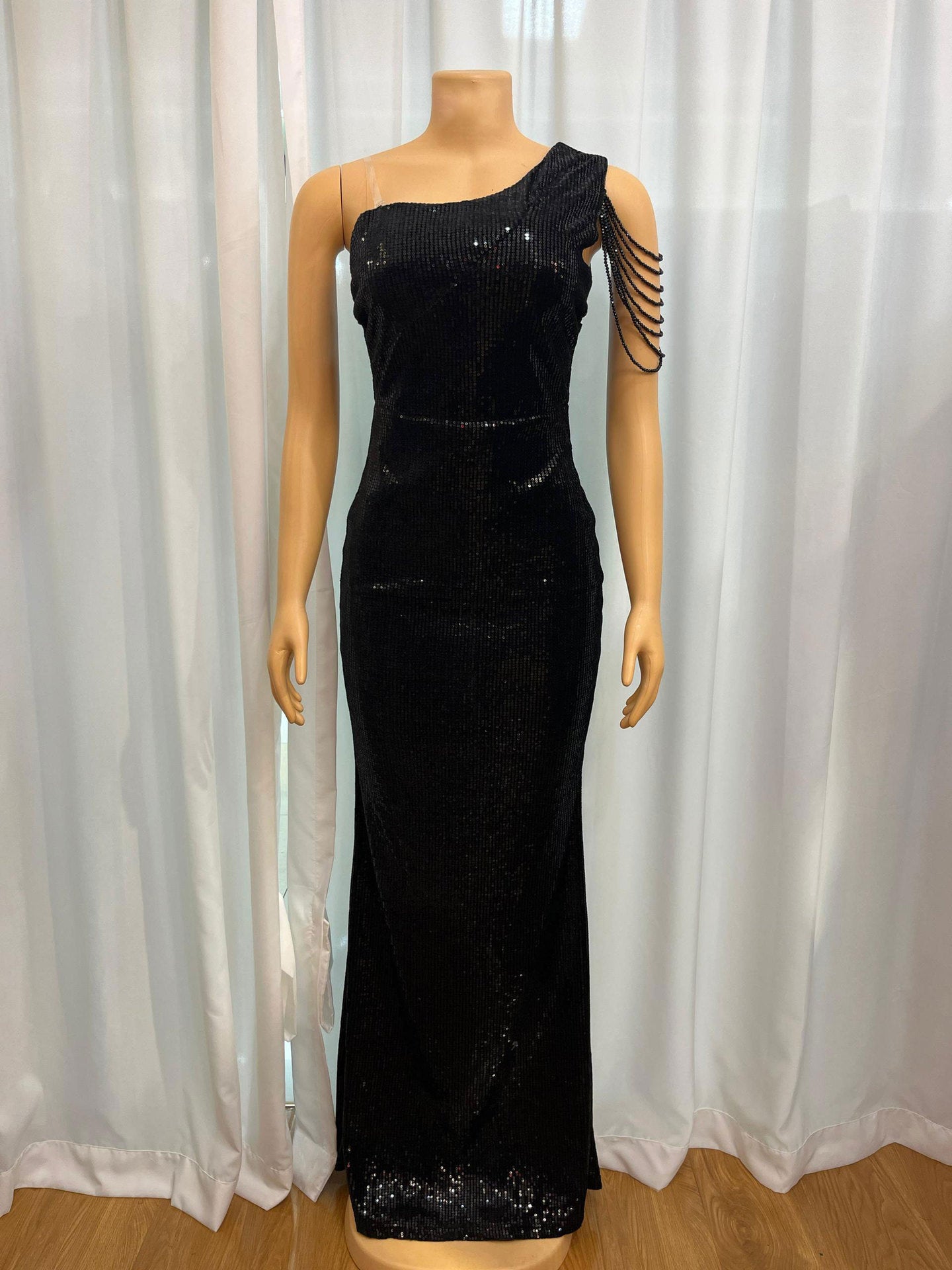 Slash Shoulder Chain Sexy Sequin Low-Back Slim Long Evening Dress 5