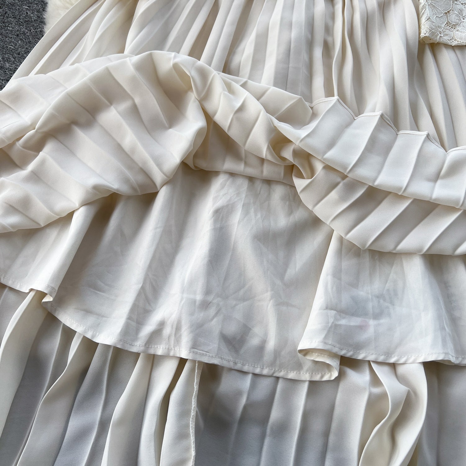 Women French Beaded Metal Button Square Collar Lace Patchwork Pleated Dress 13