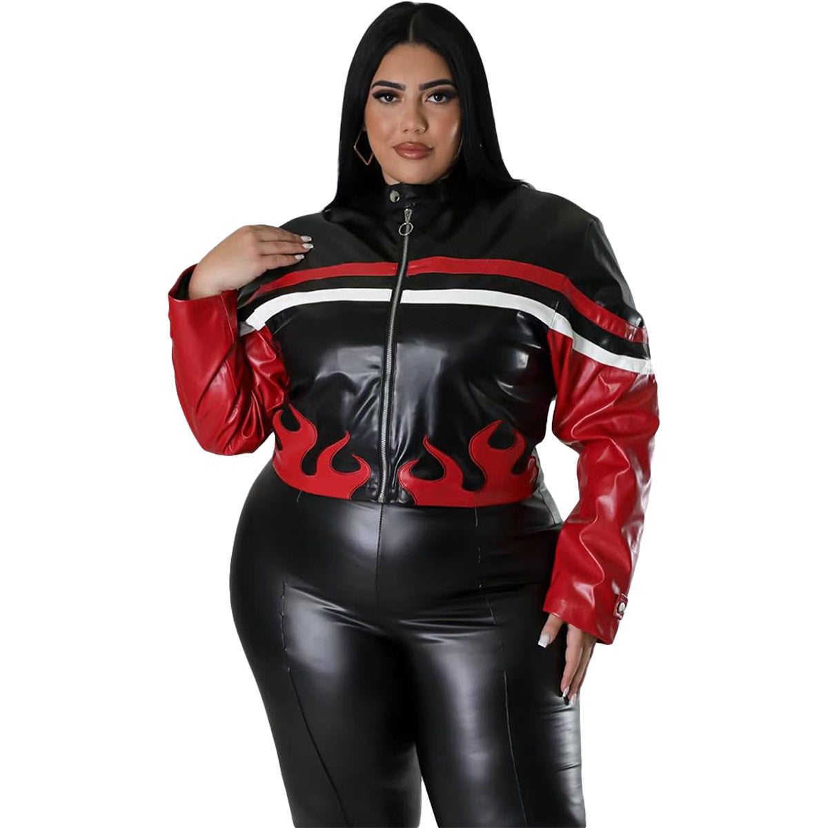 Women's Embroidered Flame Patchwork Leather Jacket 18