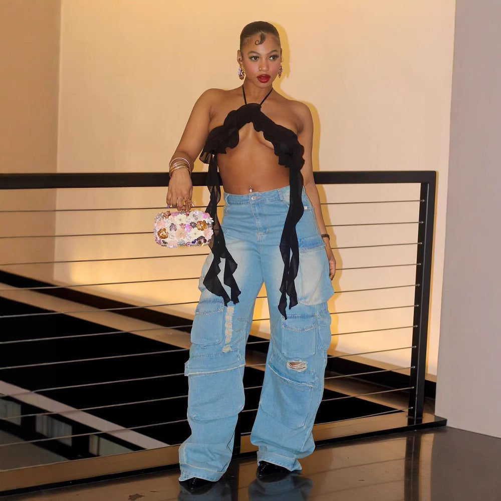 Women's Fashion Street Trendy Cut Straight-Leg Loose Denim Multi-Pocket Trousers 5