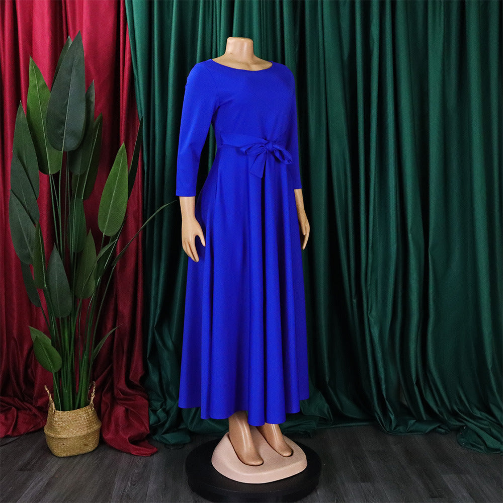 Women's Fall Winter Fashion Chic Solid long sleeve Belted African Plus Size Maxi Dress 18