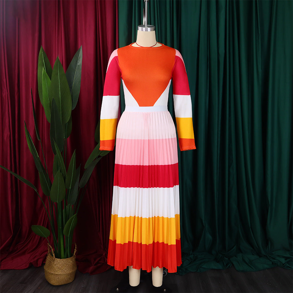 Women Autumn Pleated Print Contrast Color Long-sleeved Top and Skirt Two-Piece Set 29