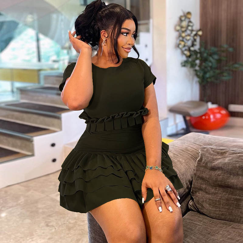 Women's Fashion Solid Color Tight Fitting Short Sleeve Round Neck Pleated Short Dress 6